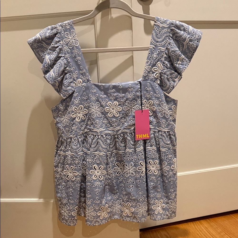 THML Ruffled Sleeve Blue and White Blouse